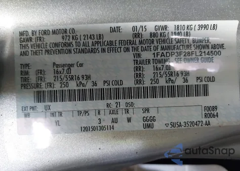 2015 Ford Focus Se из США, поврежденный, VIN 1FADP3F28FL214500